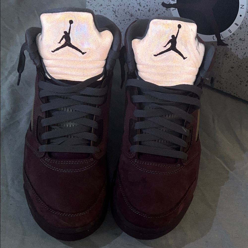 Men’s Air Jordan 5s Burgundy and Gray Reflective tongue Sneakers